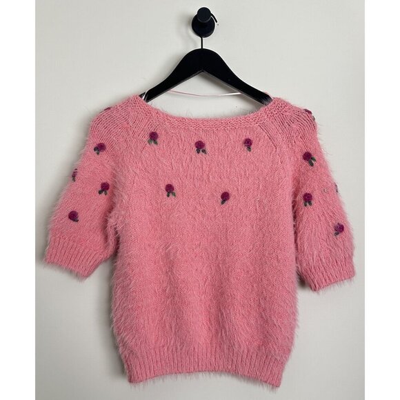 FREE PEOPLE Winter Blooms Appliqué Short Sleeve Sweater in Quartz Pink Combo - Picture 6 of 7